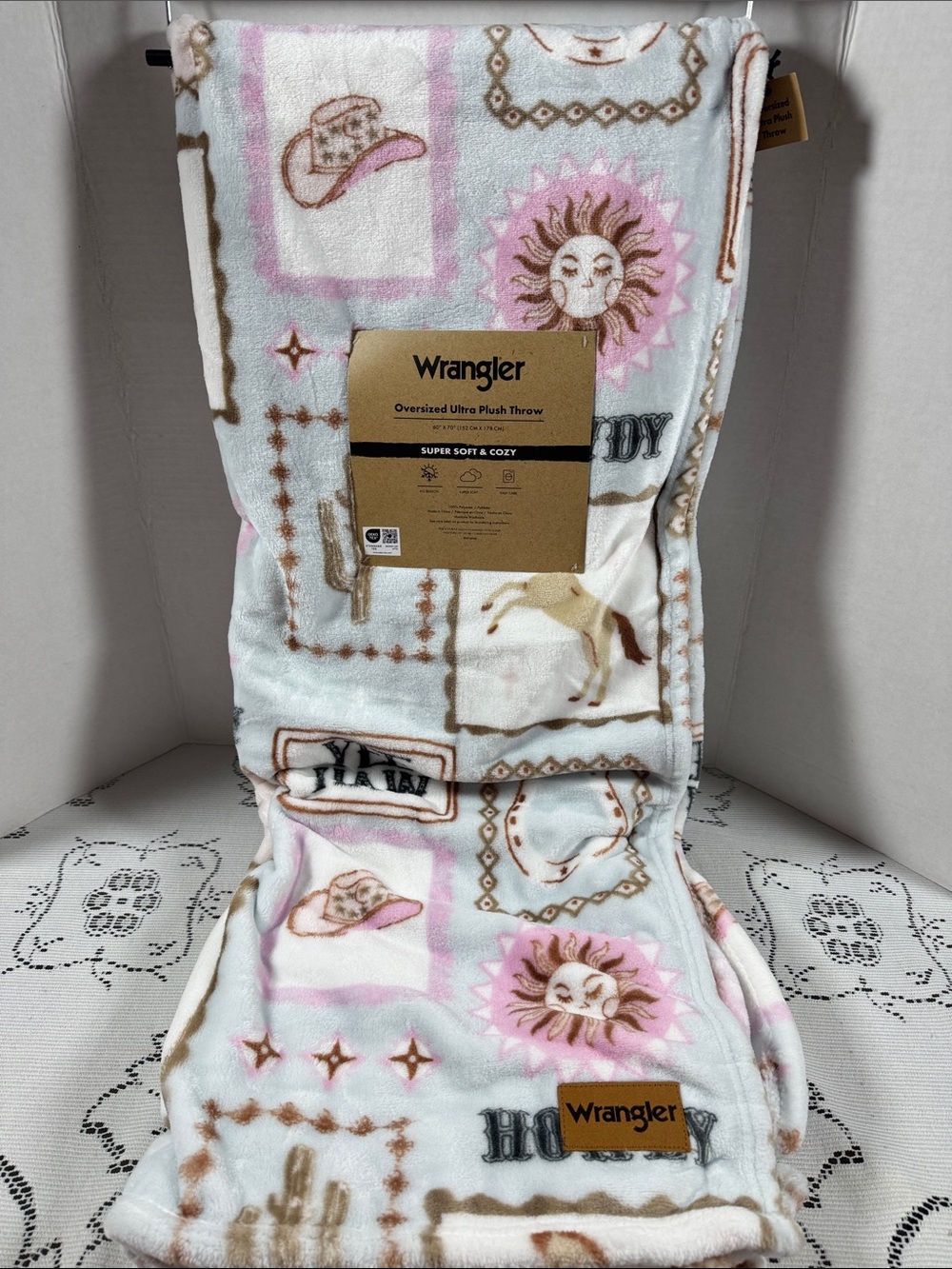 Wrangler Oversized Ultra Plush Throw Blanket Light Blue Horse Cactus Hat Howdy